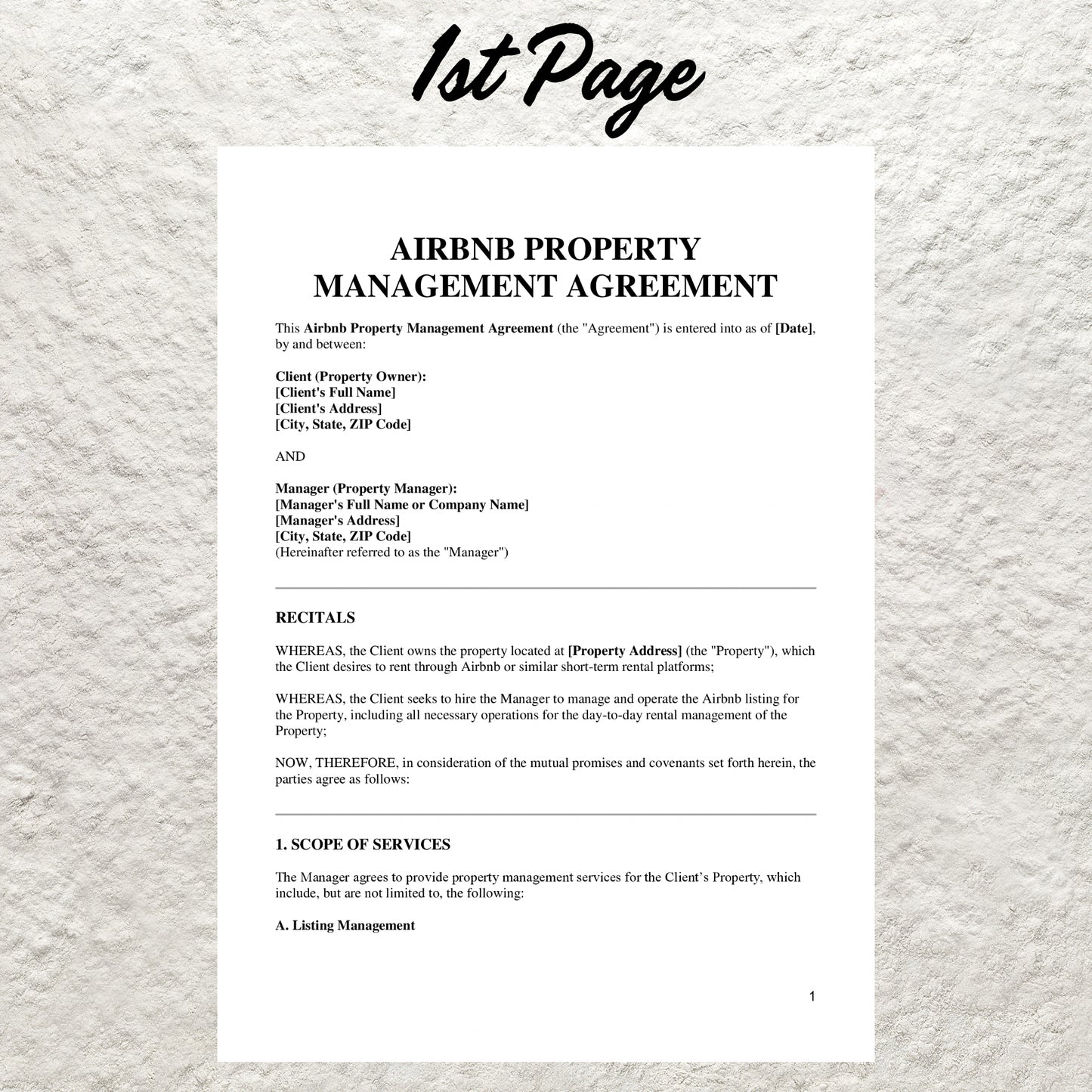 Airbnb Property Management Contract Template Editable Short Term Rental Property Management Agreement Printable Vacation Property Manager