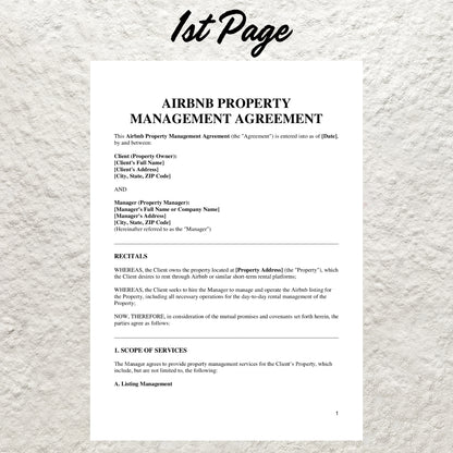 Airbnb Property Management Contract Template Editable Short Term Rental Property Management Agreement Printable Vacation Property Manager