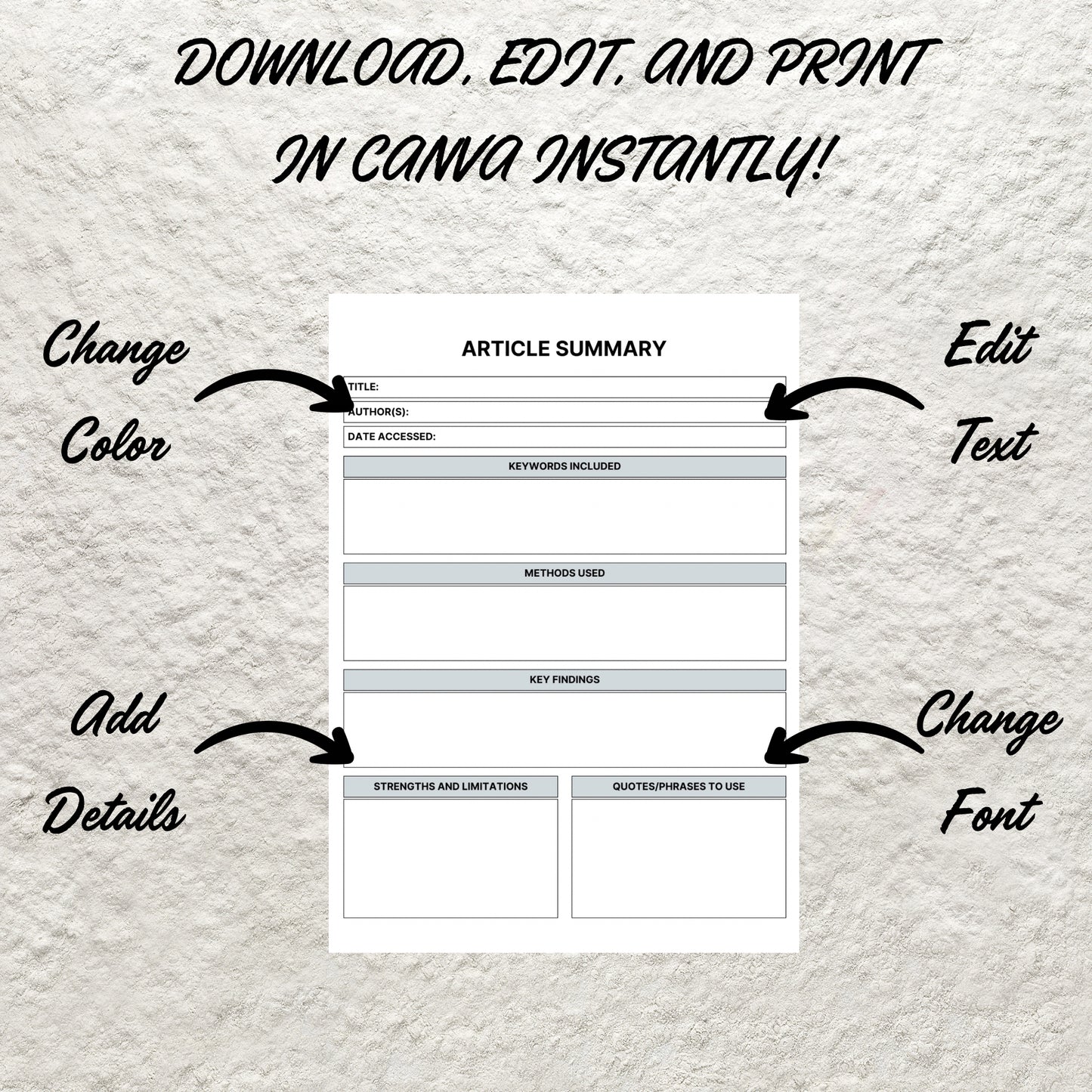 Article Summary Template Printable Research Paper Journal Student Organizer Planner College Student Dissertation Research Summary Tool