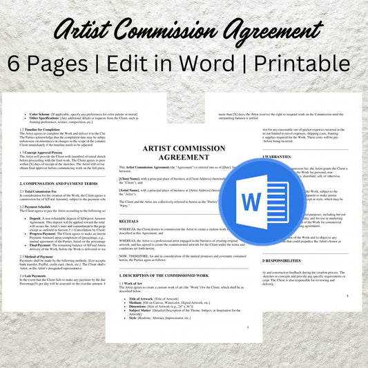 Artist Commission Contract Template Editable Artist Service Agreement Printable Art Commission Agreement Template Painter Artist Contract