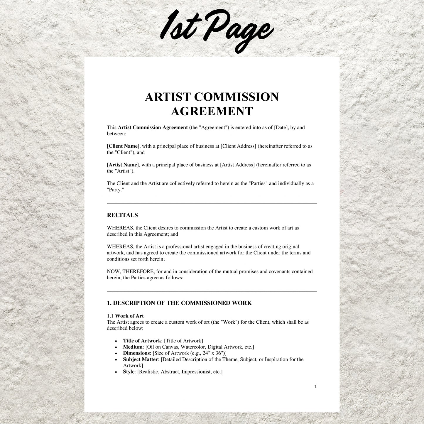 Artist Commission Contract Template Editable Artist Service Agreement Printable Art Commission Agreement Template Painter Artist Contract