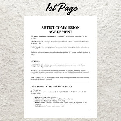 Artist Commission Contract Template Editable Artist Service Agreement Printable Art Commission Agreement Template Painter Artist Contract