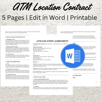 ATM Location Agreement Template Editable ATM Service Contract Printable Professional Partnership Contract ATM Machine Placement Contract