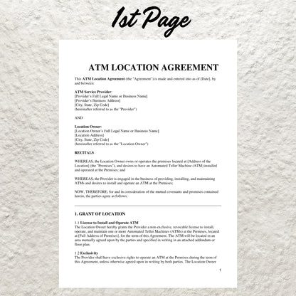 ATM Location Agreement Template Editable ATM Service Contract Printable Professional Partnership Contract ATM Machine Placement Contract