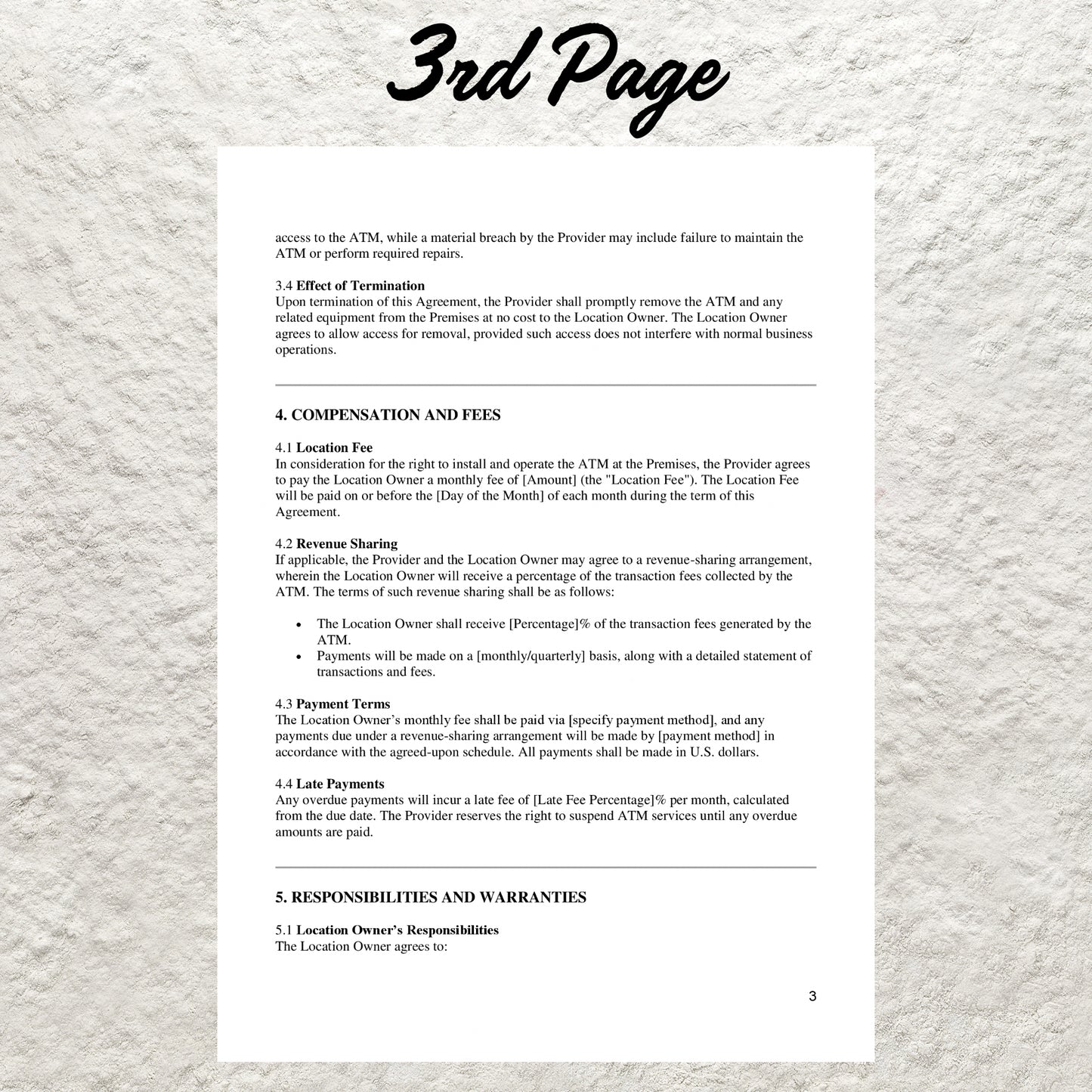 ATM Location Agreement Template Editable ATM Service Contract Printable Professional Partnership Contract ATM Machine Placement Contract