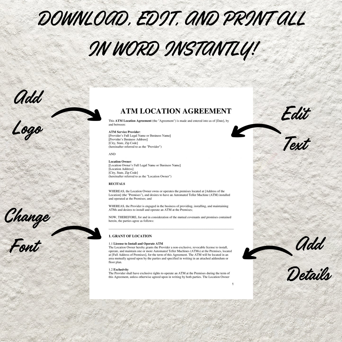 ATM Location Agreement Template Editable ATM Service Contract Printable Professional Partnership Contract ATM Machine Placement Contract