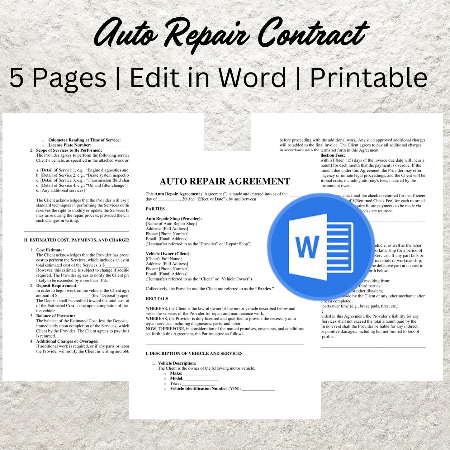 Auto Repair Contract Template Editable Auto Repair Service Agreement Printable Mechanic Body Shop Agreement Vehicle Maintenance Repair Form