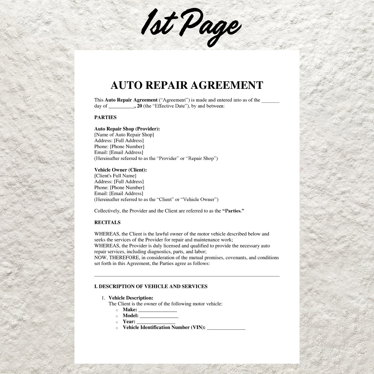 Auto Repair Contract Template Editable Auto Repair Service Agreement Printable Mechanic Body Shop Agreement Vehicle Maintenance Repair Form