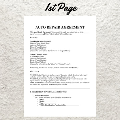 Auto Repair Contract Template Editable Auto Repair Service Agreement Printable Mechanic Body Shop Agreement Vehicle Maintenance Repair Form