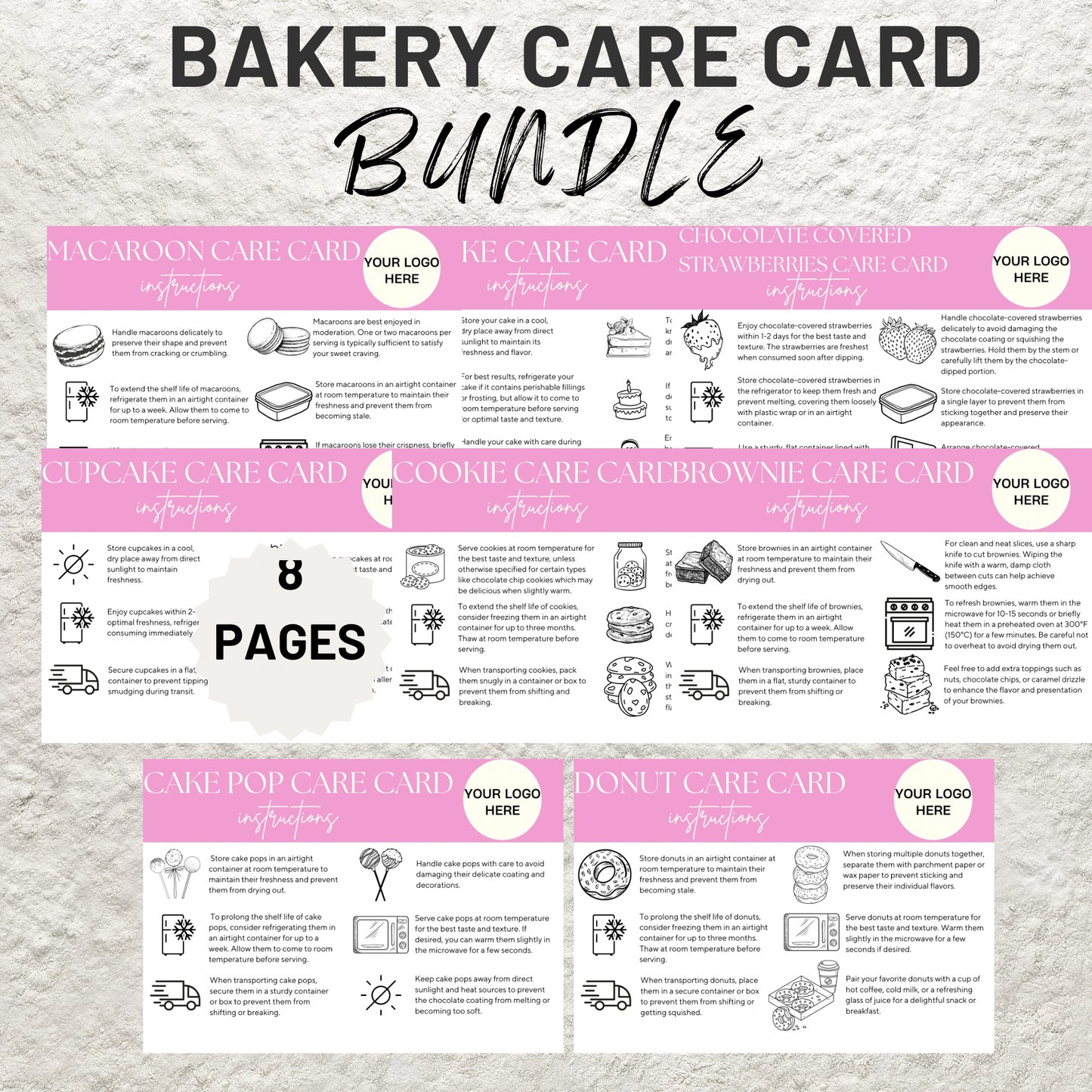 Bakery Business Care Card Bundle Templates Canva Editable Cake Care Cards Printable Cake Cookie Care Guide Cake Business Care Cards