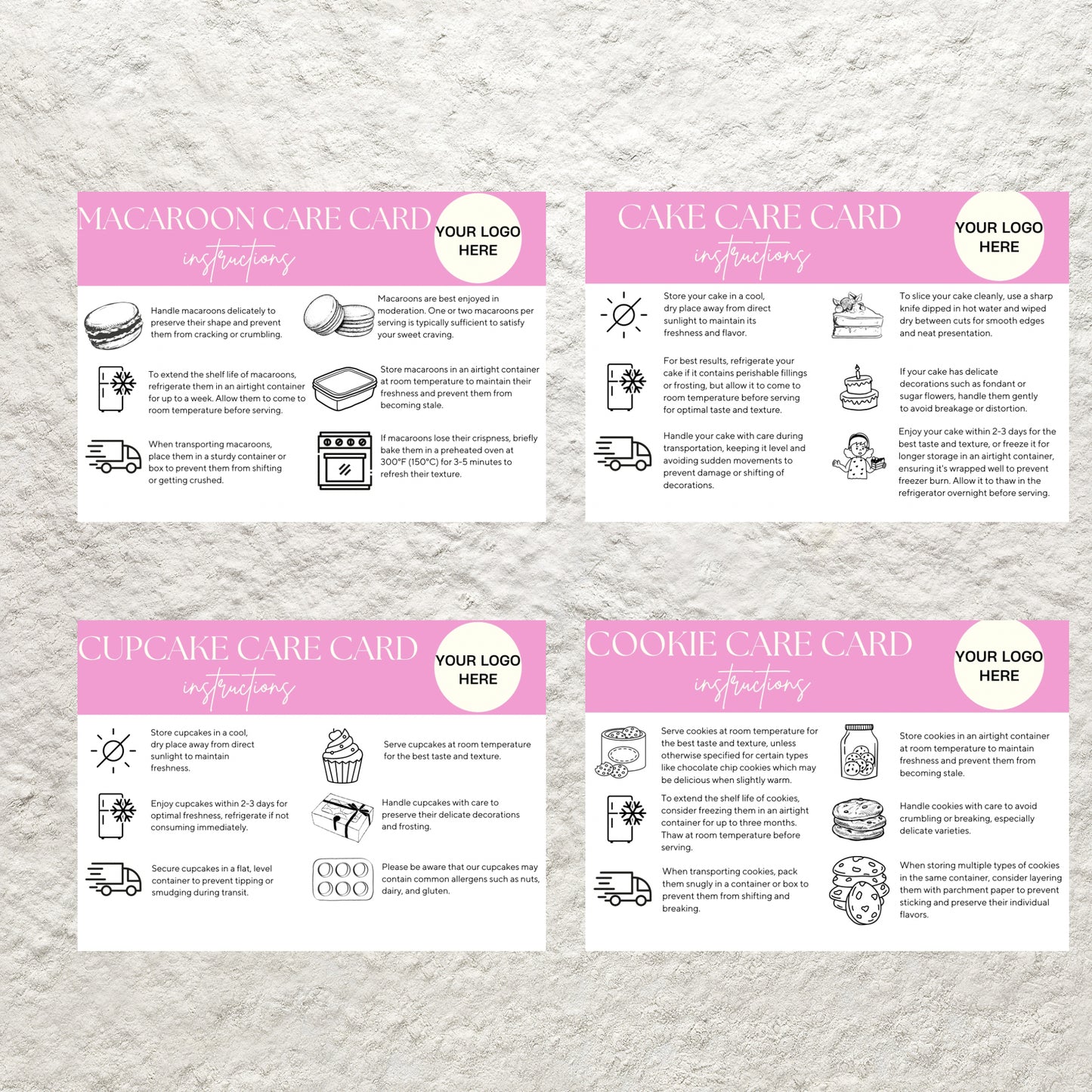 Bakery Business Care Card Bundle Templates Canva Editable Cake Care Cards Printable Cake Cookie Care Guide Cake Business Care Cards