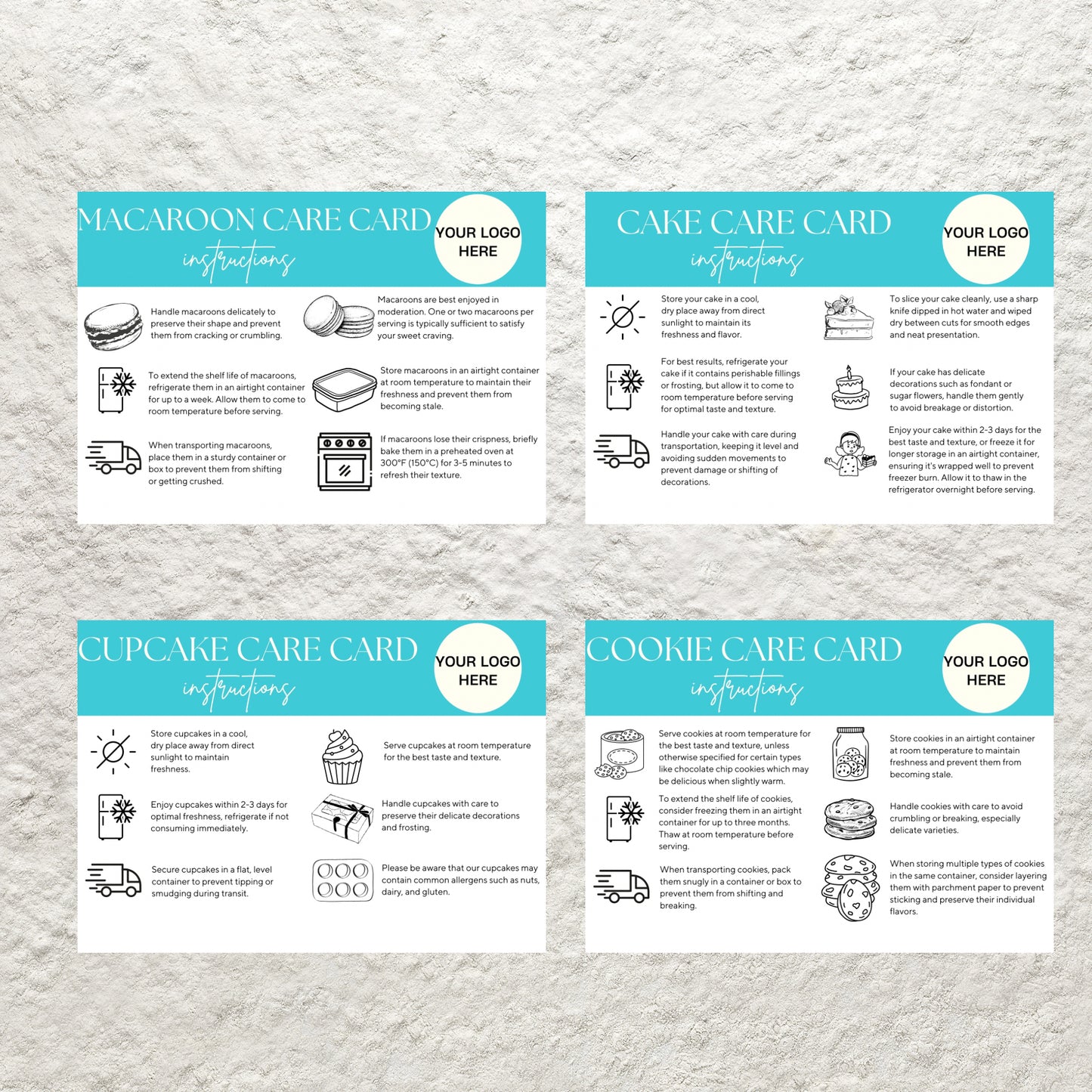 Bakery Business Care Card Bundle Templates Canva Editable Cake Care Cards Printable Cake Cookie Care Guide Cake Business Care Cards