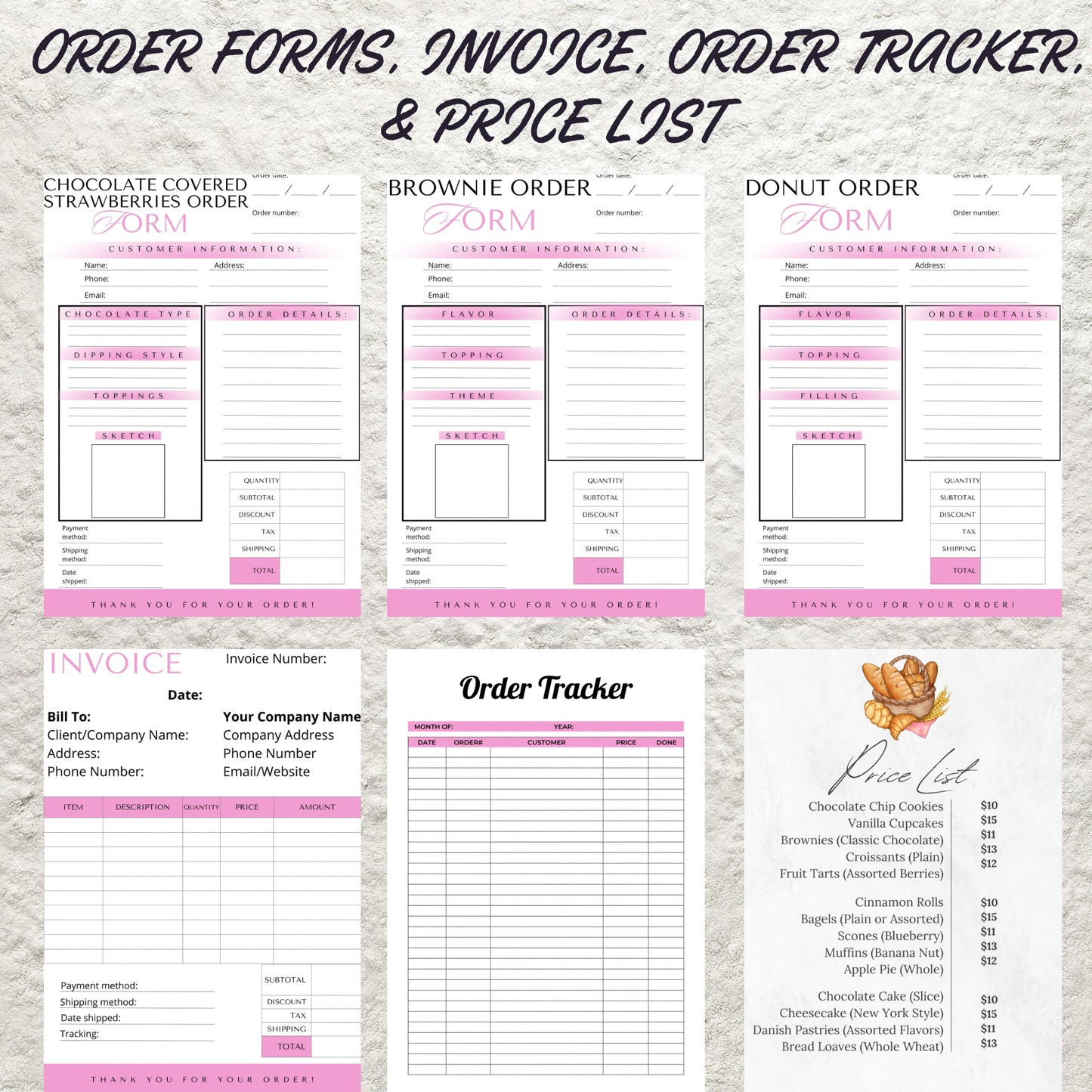 Bakery Business Order Forms Template Bundle Editable in Canva Cake Cookie Order Sheet Form Price List Invoice Template Printable PDF