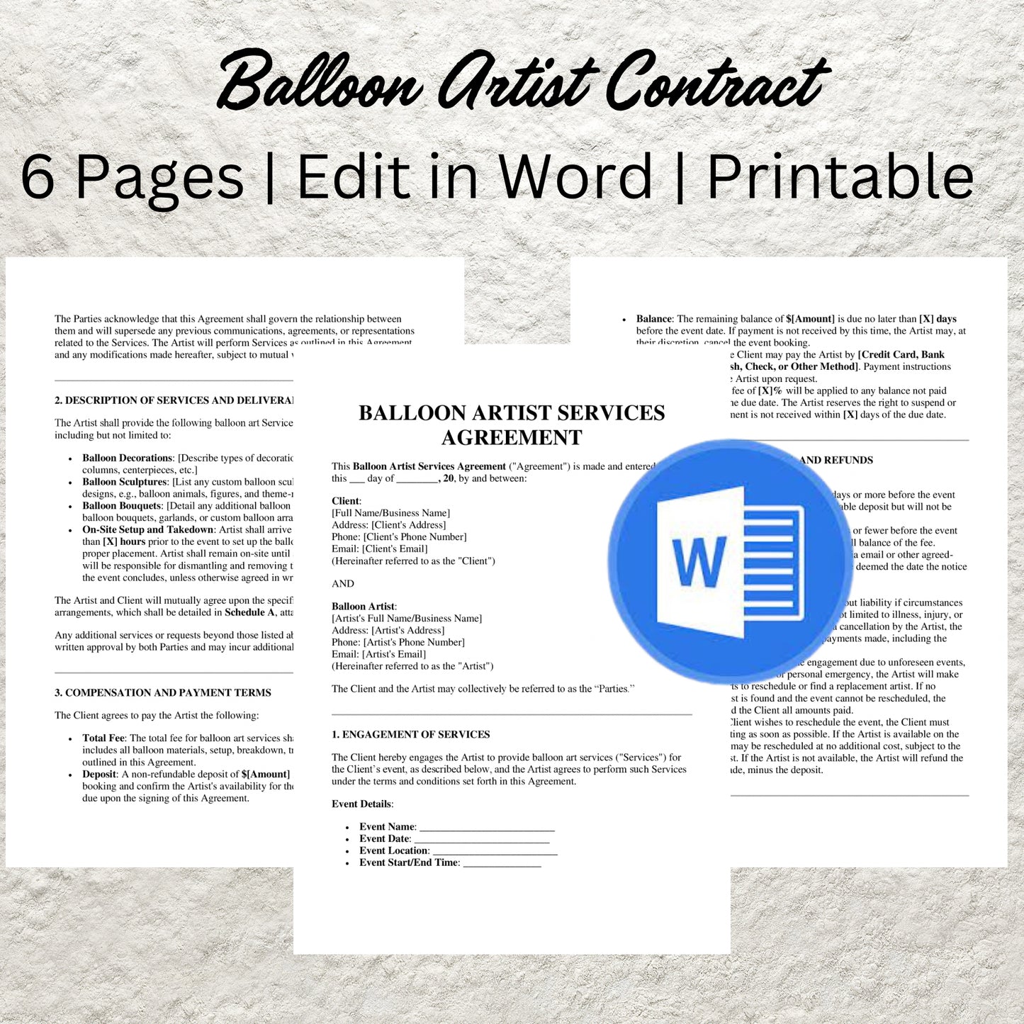 Balloon Artist Contract Template Editable Balloon Artist Service Agreement Printable Balloon Decor Contract Balloon Stylist Business Form