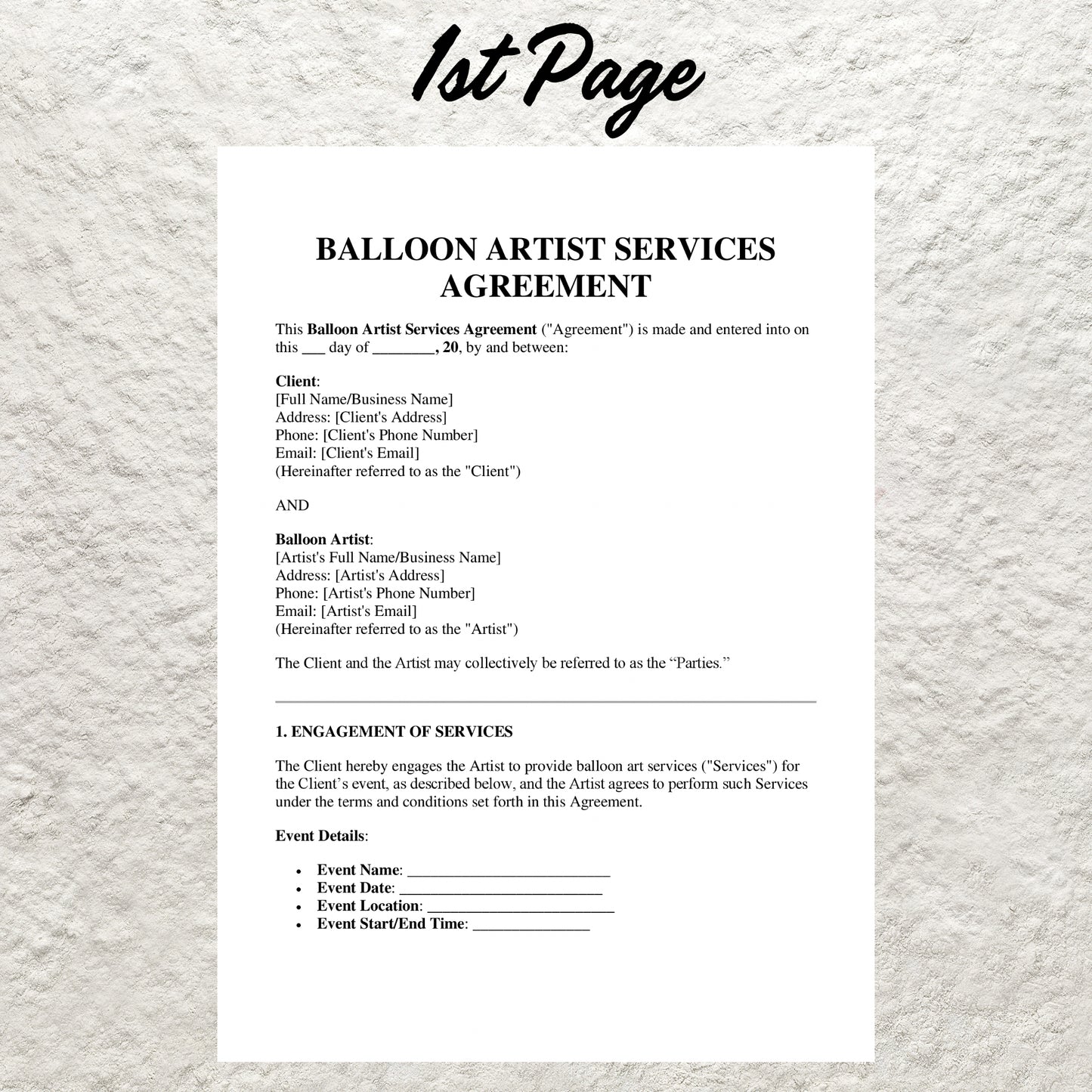 Balloon Artist Contract Template Editable Balloon Artist Service Agreement Printable Balloon Decor Contract Balloon Stylist Business Form