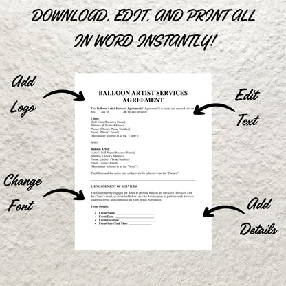 Balloon Artist Contract Template Editable Balloon Artist Service Agreement Printable Balloon Decor Contract Balloon Stylist Business Form