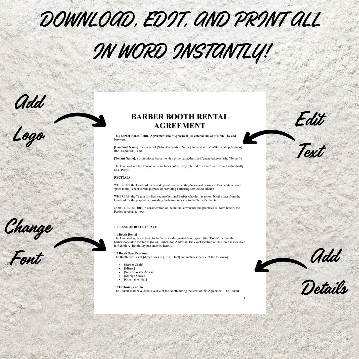 Barber Booth Rental Agreement Template Editable Barber Booth Rental Contract Printable Professional Hair Barber Shop Lease Agreement Form