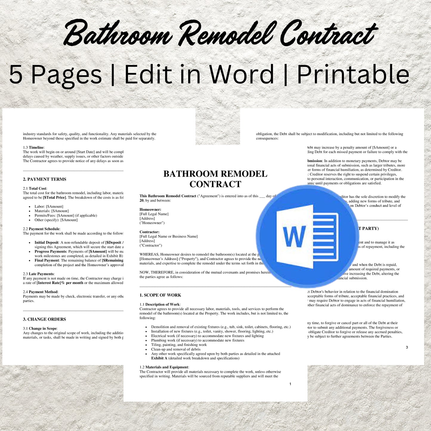 Bathroom Remodel Contract Template Editable Bathroom Remodel Agreement Printable Professional Construction Bathroom Remodeling Contract Form