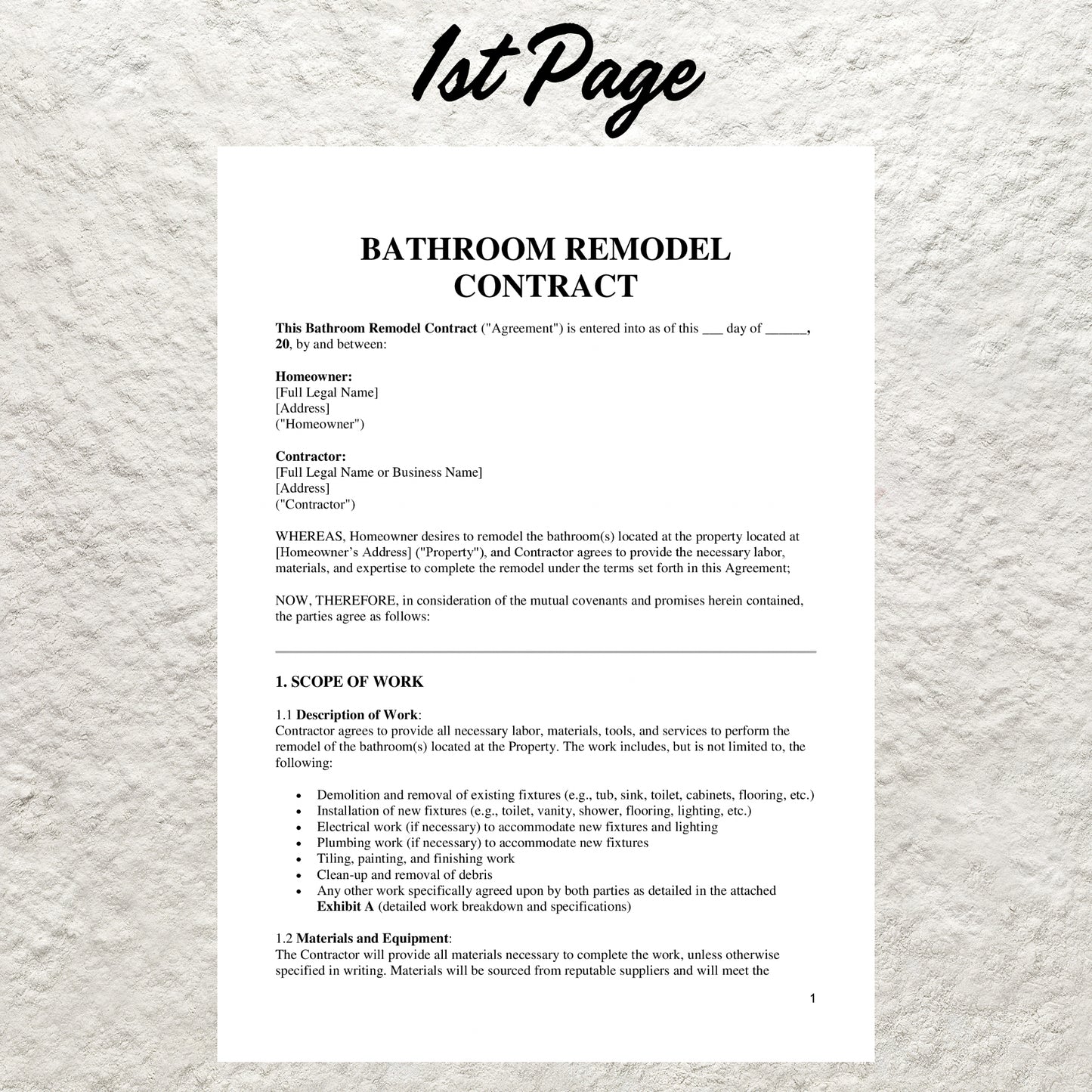 Bathroom Remodel Contract Template Editable Bathroom Remodel Agreement Printable Professional Construction Bathroom Remodeling Contract Form