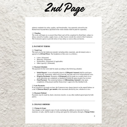 Bathroom Remodel Contract Template Editable Bathroom Remodel Agreement Printable Professional Construction Bathroom Remodeling Contract Form