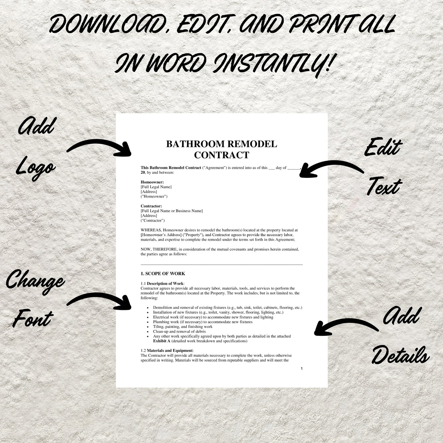 Bathroom Remodel Contract Template Editable Bathroom Remodel Agreement Printable Professional Construction Bathroom Remodeling Contract Form