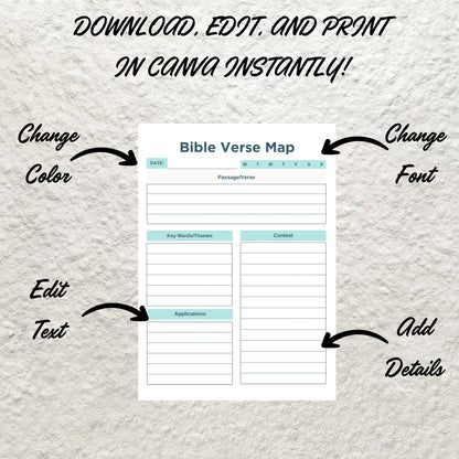 Bible Verse Mapping Template Printable Bible Study Scripture Journal Editable Bible Journaling Study Verse Mapping Scripture Prayer Journal