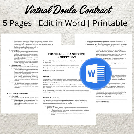 Birth Doula Contract Agreement Template Editable Virtual Doula Services Contract Form Printable Virtual Doula Client Intake Birth Forms