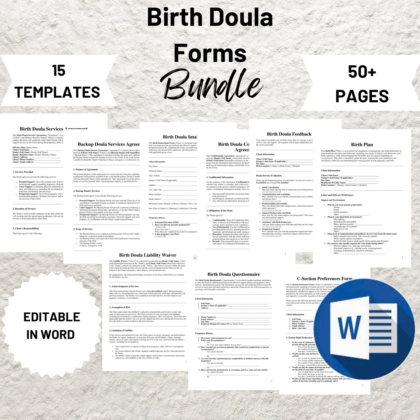 Birth Doula Contracts Bundle Editable Doula New Client Intake Form Birth Doula New Client Bundle Printable Doula Services Contract Agreement