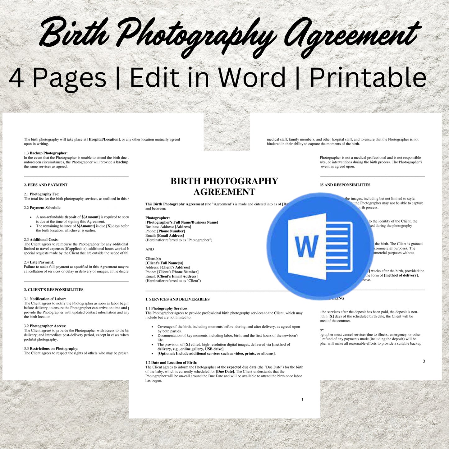 Birth Photography Contract Template Editable Photographer Service Agreement Printable Birth Photography Agreement Photography Client Form