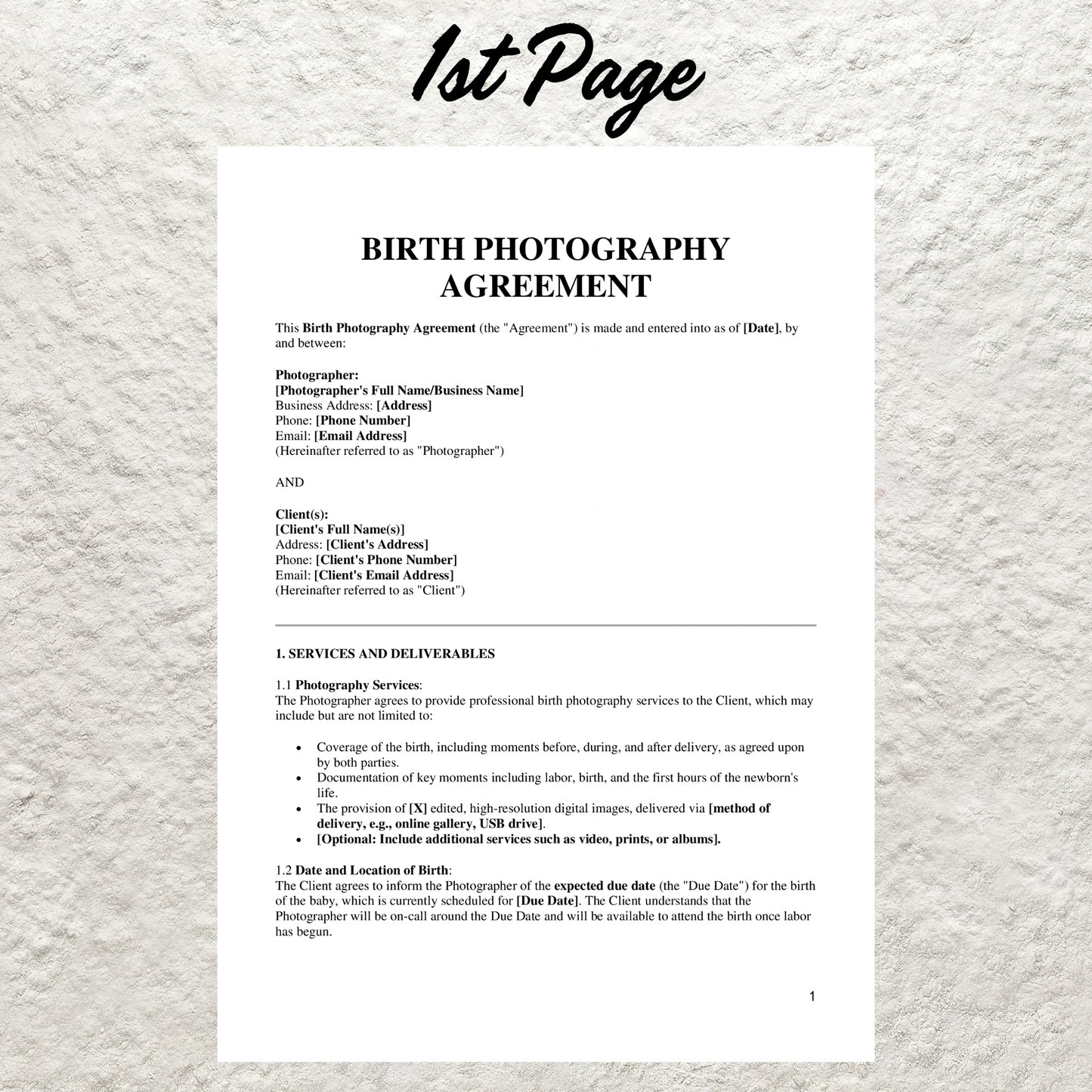 Birth Photography Contract Template Editable Photographer Service Agreement Printable Birth Photography Agreement Photography Client Form