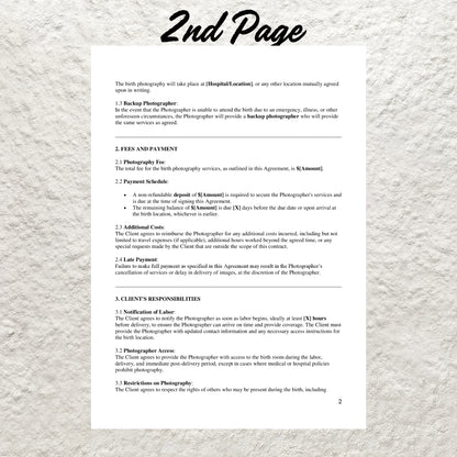 Birth Photography Contract Template Editable Photographer Service Agreement Printable Birth Photography Agreement Photography Client Form