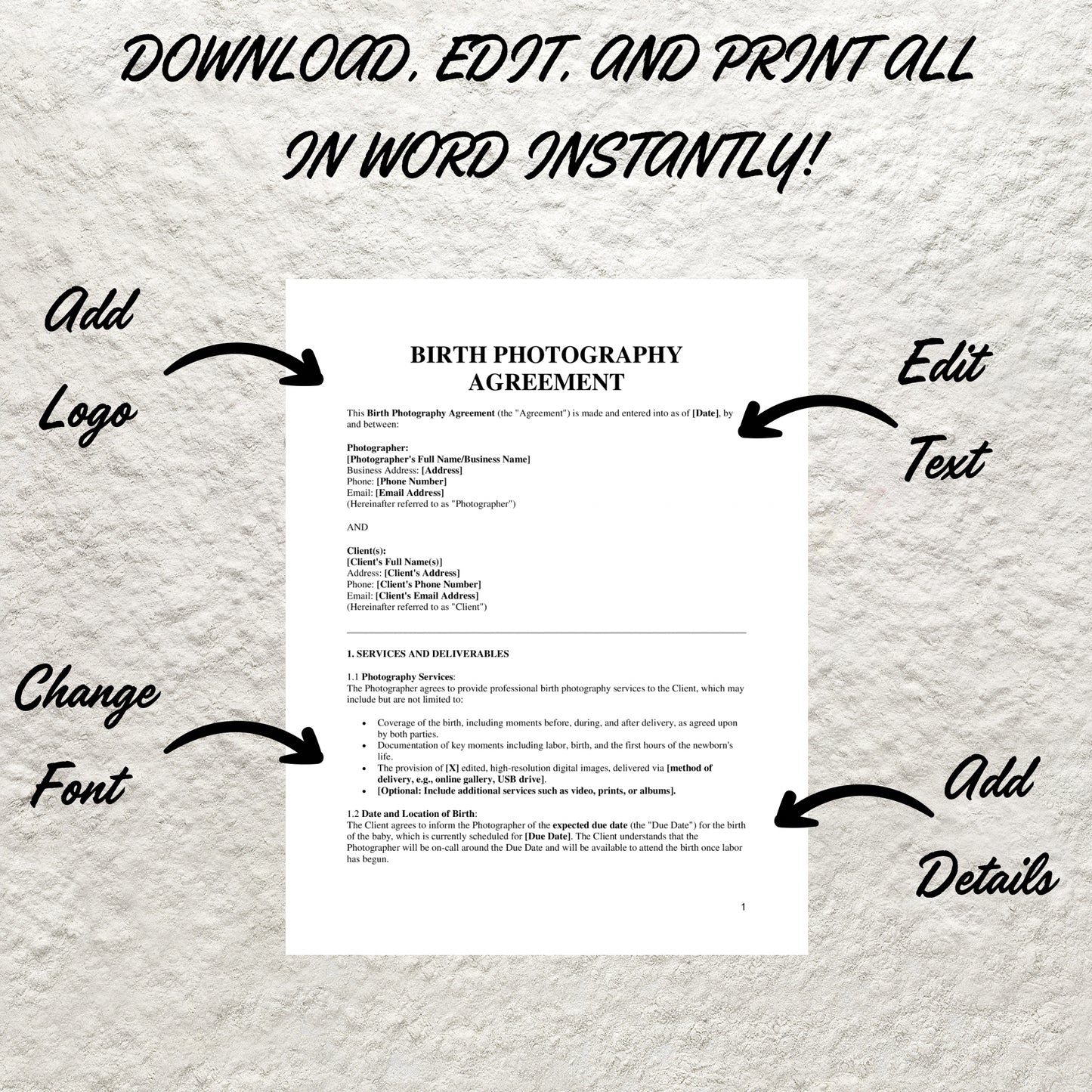 Birth Photography Contract Template Editable Photographer Service Agreement Printable Birth Photography Agreement Photography Client Form