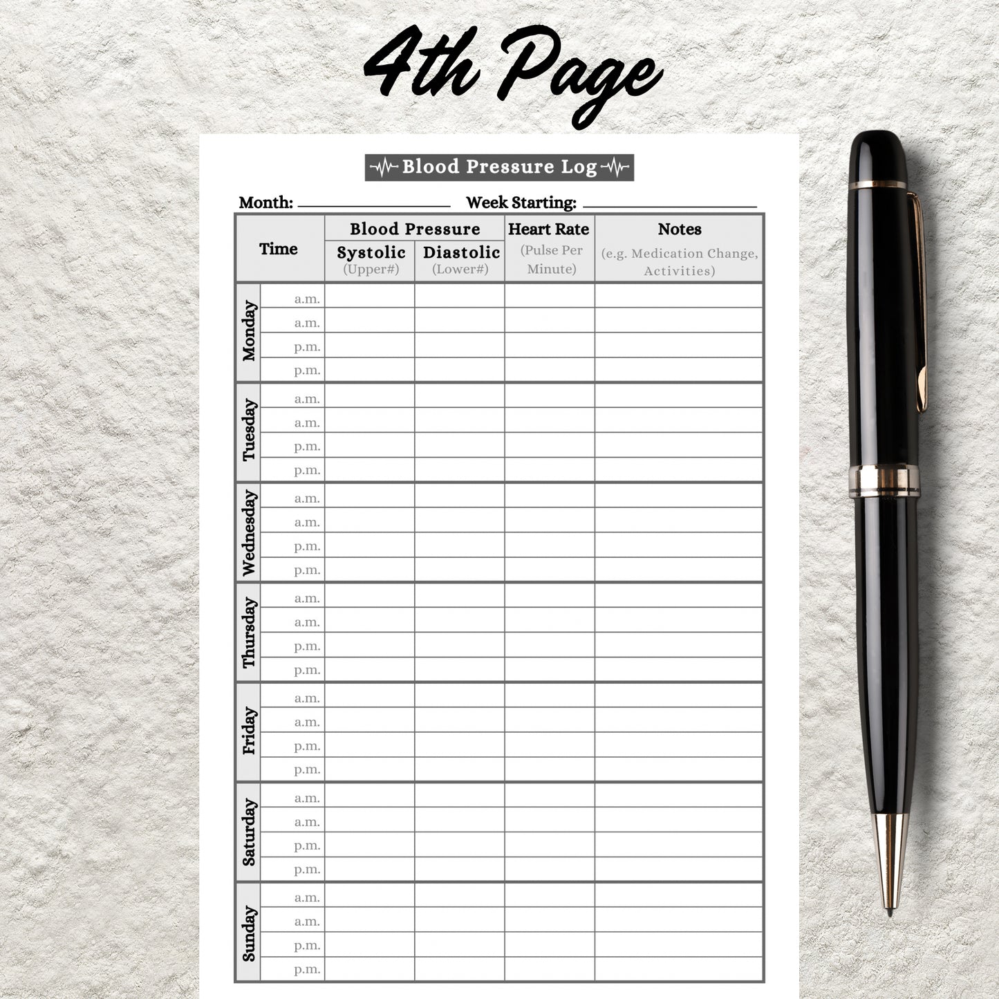 Blood Pressure Log Book Template Printable Blood Pressure Chart Daily Weekly High Blood Pressure Tracking Sheet Hypotension BP Tracker