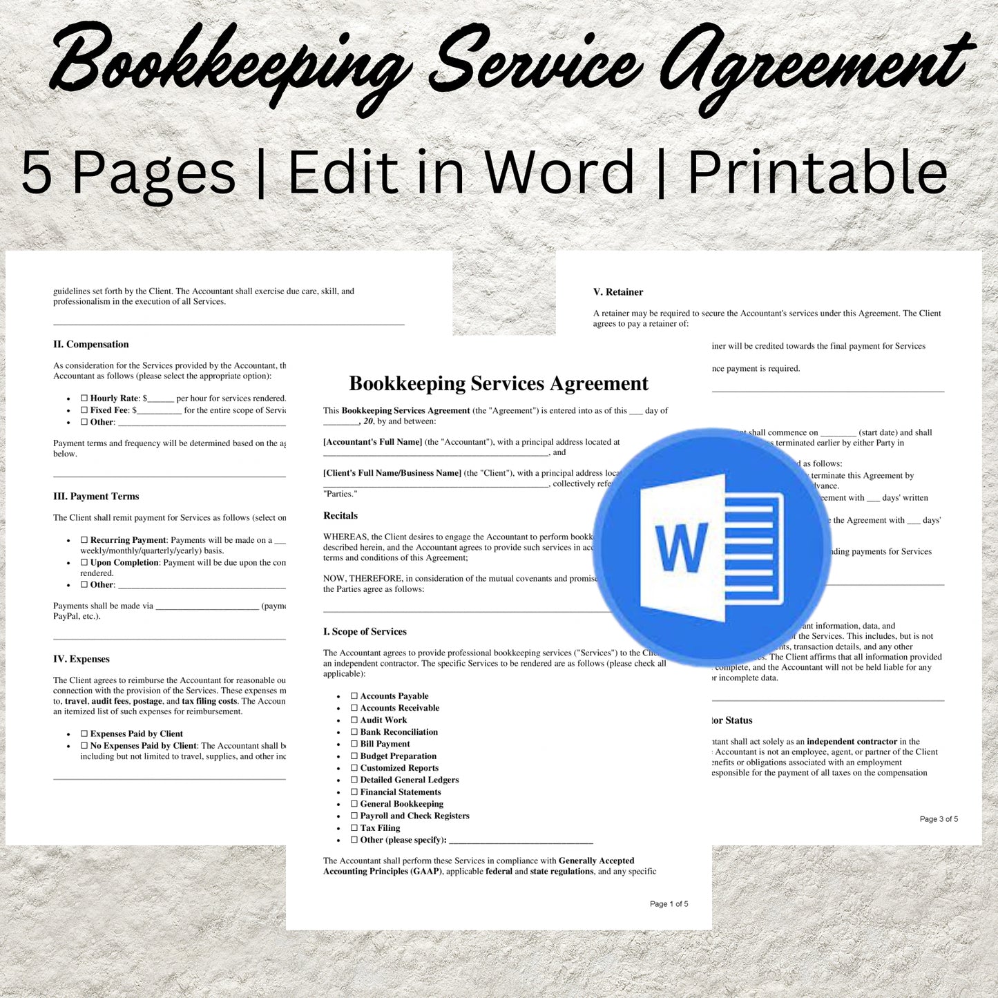 Bookkeeping Contract Template Editable Bookkeeping Service Agreement Form Printable Freelance Bookkeeping Contract Bookkeeper Business Form