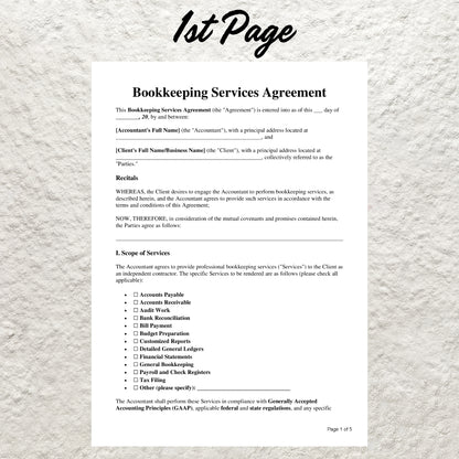 Bookkeeping Contract Template Editable Bookkeeping Service Agreement Form Printable Freelance Bookkeeping Contract Bookkeeper Business Form