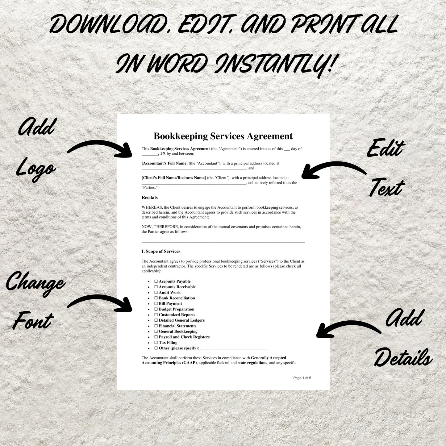 Bookkeeping Contract Template Editable Bookkeeping Service Agreement Form Printable Freelance Bookkeeping Contract Bookkeeper Business Form