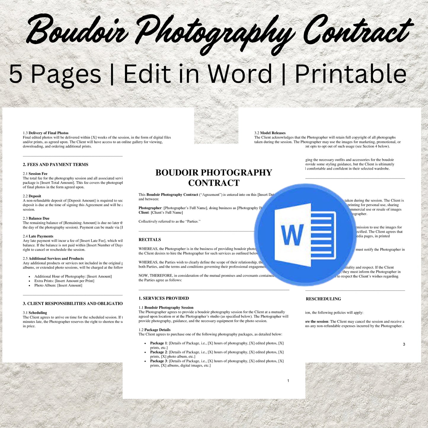 Boudoir Photography Client Contract Template Editable Boudoir Client Agreement Boudoir Photographer Session Contract Photography Form