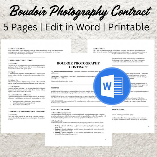 Boudoir Photography Client Contract Template Editable Boudoir Client Agreement Boudoir Photographer Session Contract Photography Form