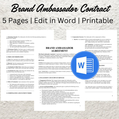 Brand Ambassador Contract Template Editable Social Media Influencer Service Agreement Printable Promotional Collaboration Agreement Form