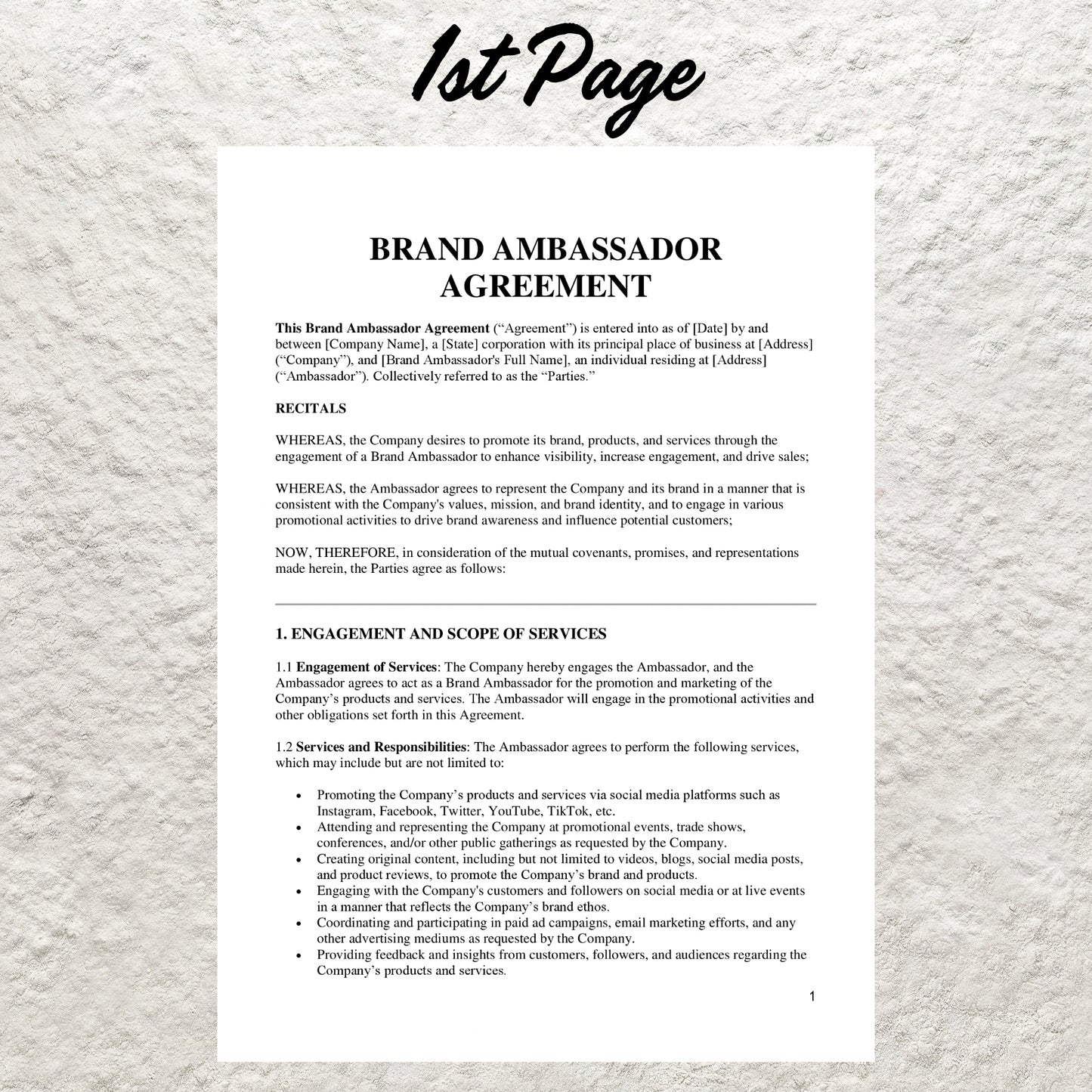 Brand Ambassador Contract Template Editable Social Media Influencer Service Agreement Printable Promotional Collaboration Agreement Form