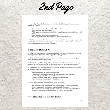 Brand Ambassador Contract Template Editable Social Media Influencer Service Agreement Printable Promotional Collaboration Agreement Form