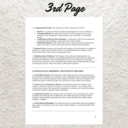 Brand Ambassador Contract Template Editable Social Media Influencer Service Agreement Printable Promotional Collaboration Agreement Form