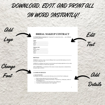 Bridal Makeup Contract Template Editable Makeup Artist Contract Printable Wedding Makeup Stylist Contract Makeup Business Agreement Form