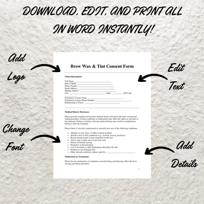 Brow Wax and Tint Consultation Form Template Editable Brow Wax and Tint Consent Form Printable Brow and Lash Tint Consent Form Salon Form