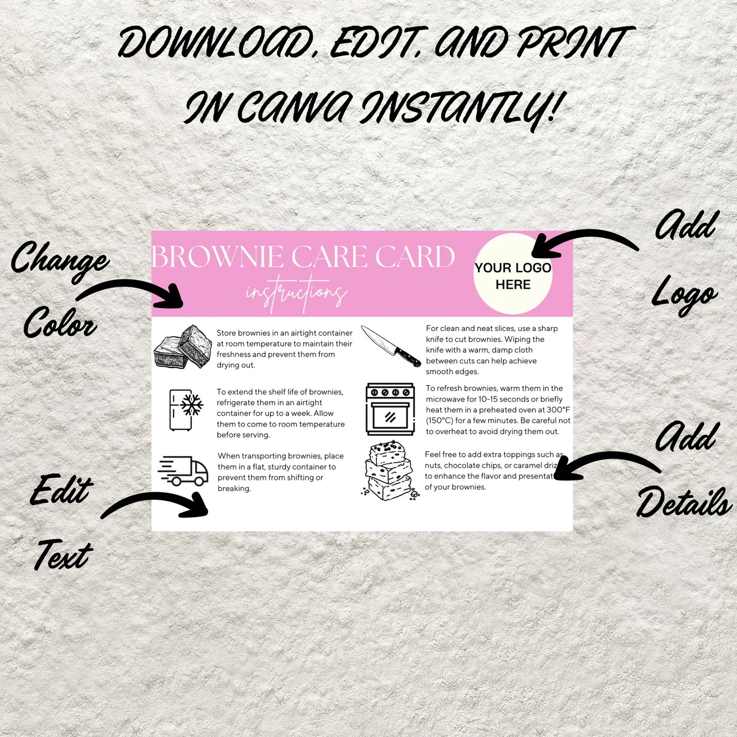 Brownie Care Card Canva Template Editable Brownie Care Storage Instructions Guide Printable Brownie Order Inserts Custom Care Card