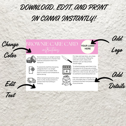 Brownie Care Card Canva Template Editable Brownie Care Storage Instructions Guide Printable Brownie Order Inserts Custom Care Card