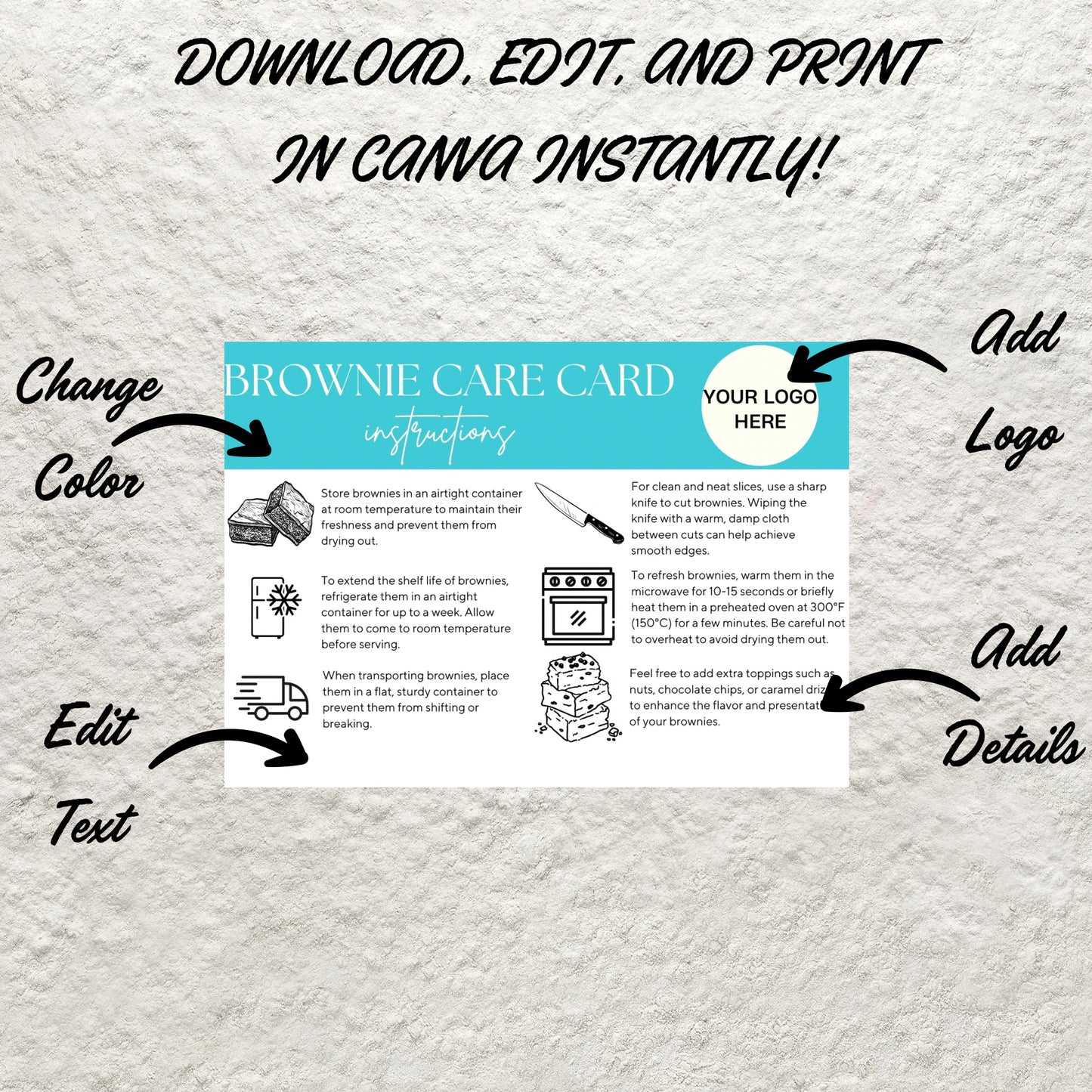 Brownie Care Card Canva Template Editable Brownie Care Storage Instructions Guide Printable Brownie Order Inserts Custom Care Card