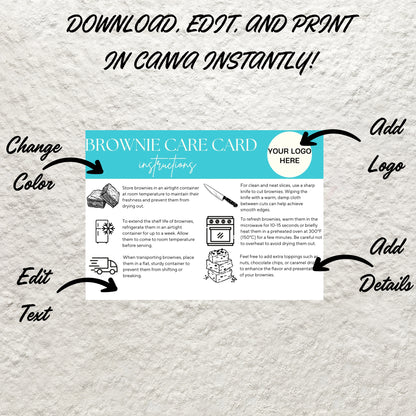 Brownie Care Card Canva Template Editable Brownie Care Storage Instructions Guide Printable Brownie Order Inserts Custom Care Card