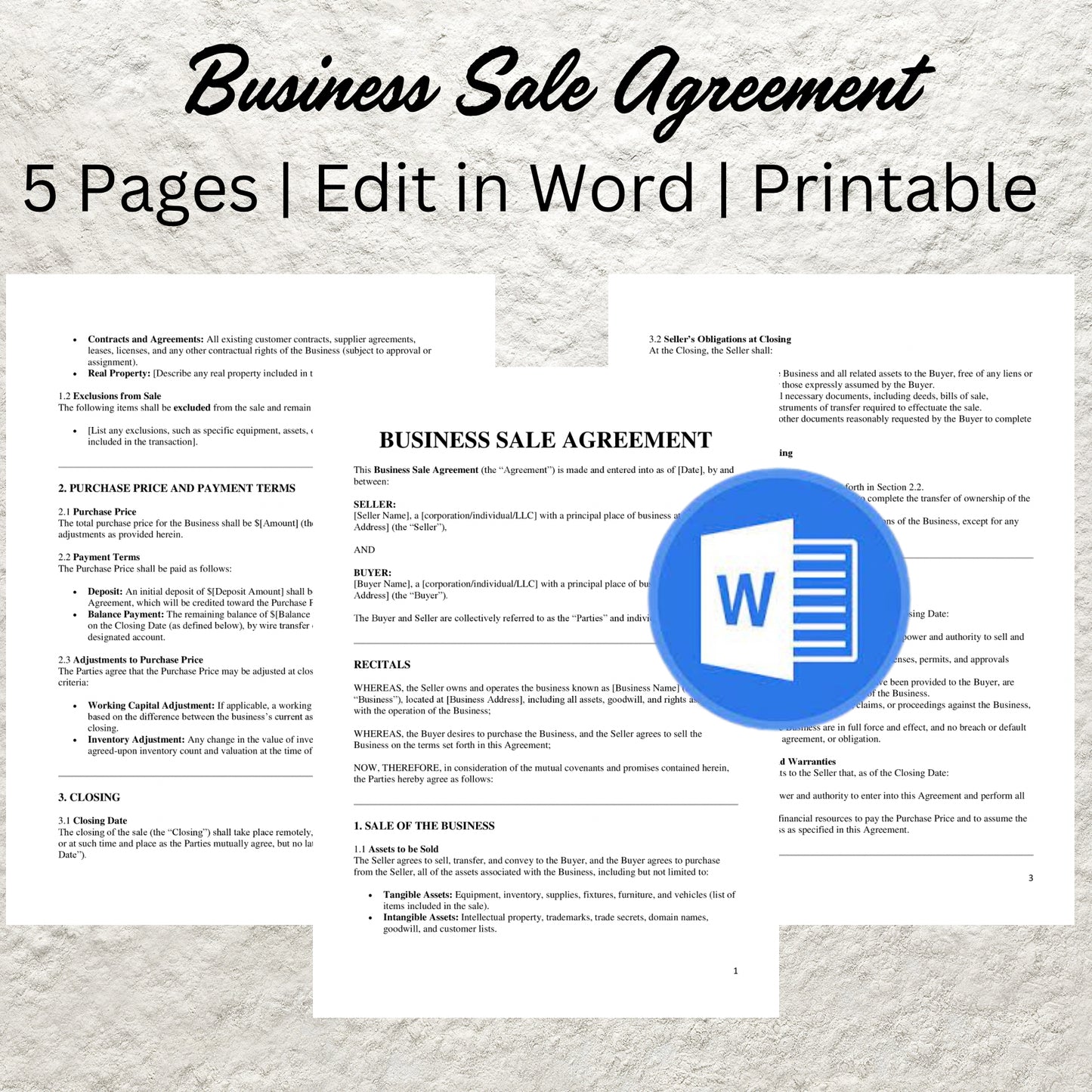 Business Sale Contract Template Editable Purchase of Business Agreement Form Printable Business Bill of Sale Form Business Purchase Contract