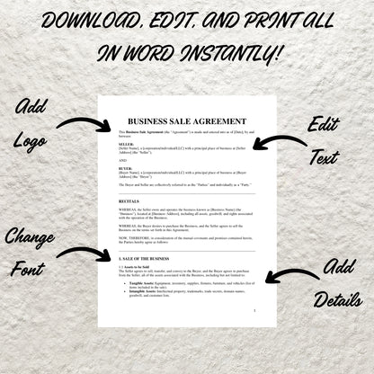 Business Sale Contract Template Editable Purchase of Business Agreement Form Printable Business Bill of Sale Form Business Purchase Contract